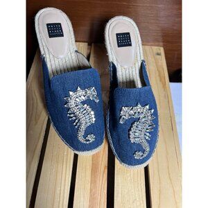 White House Black Market Blue Sandals with Silver Seahorse Embellishment